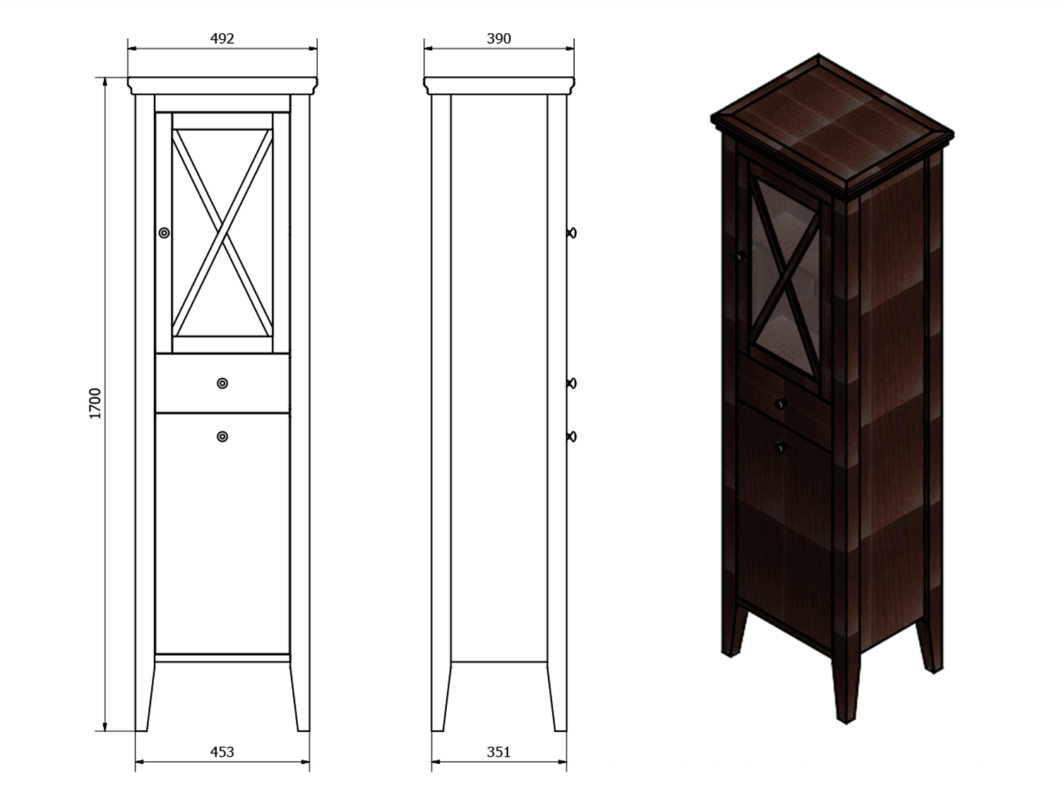 CROSS szafka wysoka z koszem na pranie, mahoniowa (47x170x39cm)