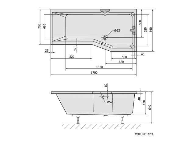 VERSYS R wanna asymetryczna 170x85cm, prawa, akryl