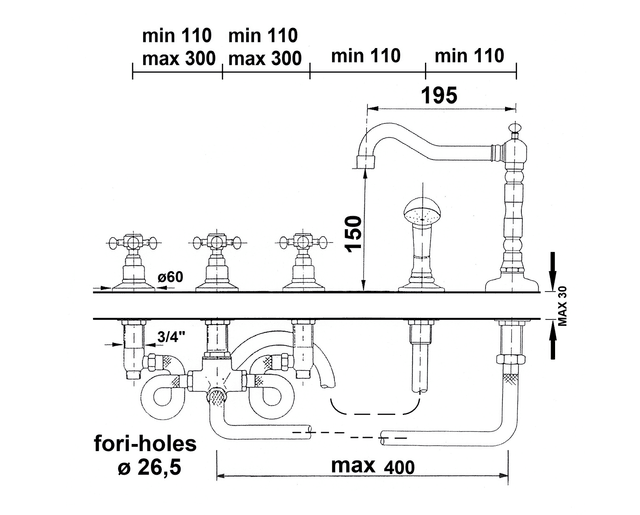 ANTEA pięcioelementowa bateria retro na krawędź wanny, chrom/złoto
