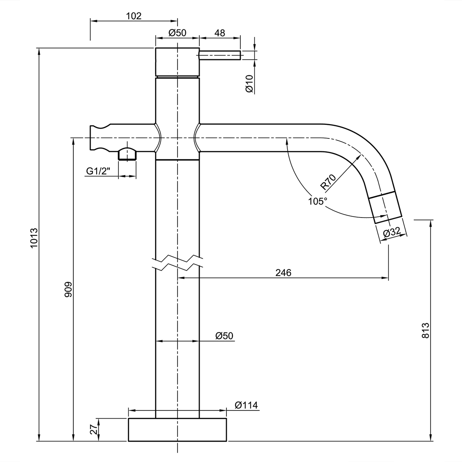 MINIMAL bateria wannowa wolnostojąca z płaską wylewką AISI304