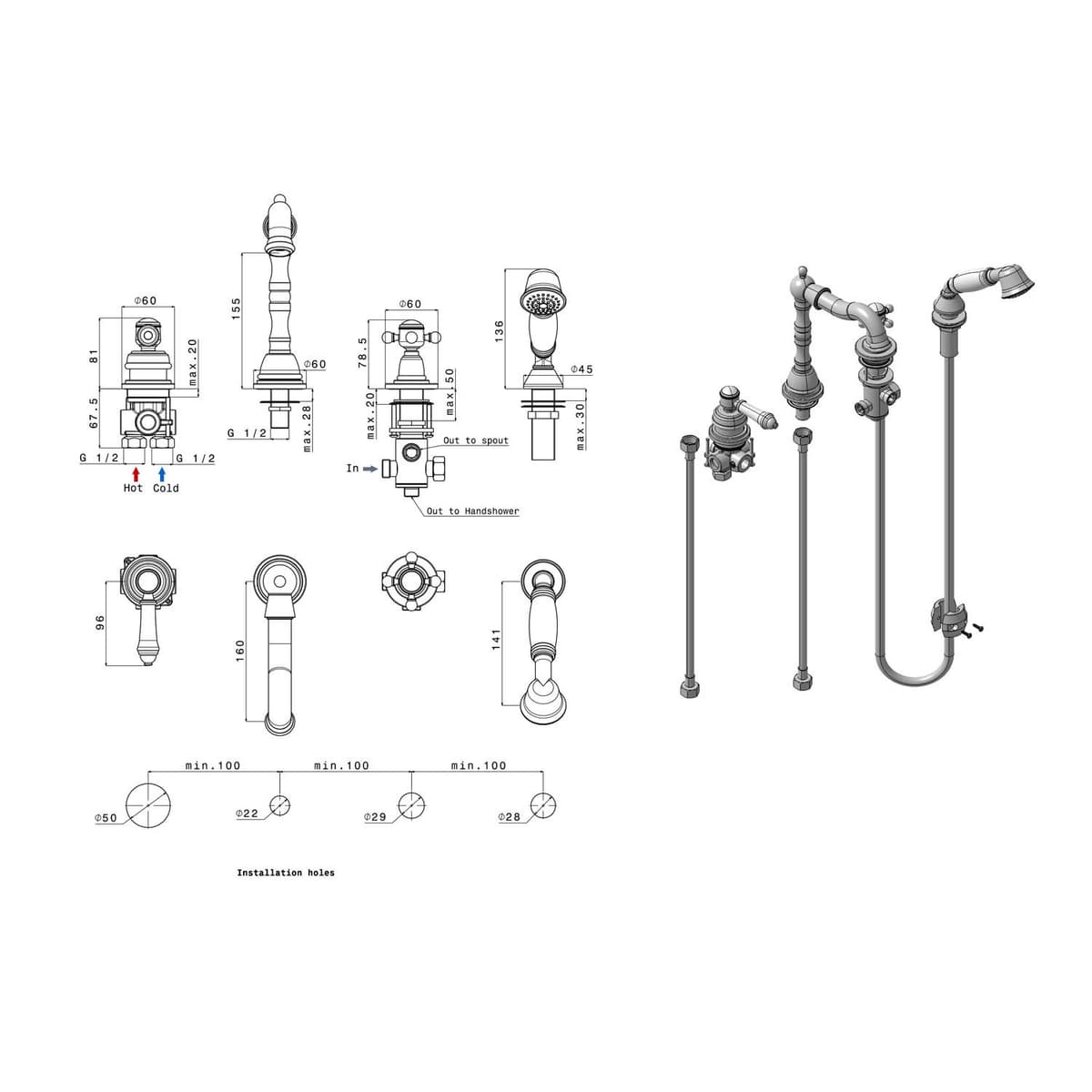 VIENNA czteroelementowa bateria na brzeg wanny retro, chrom
