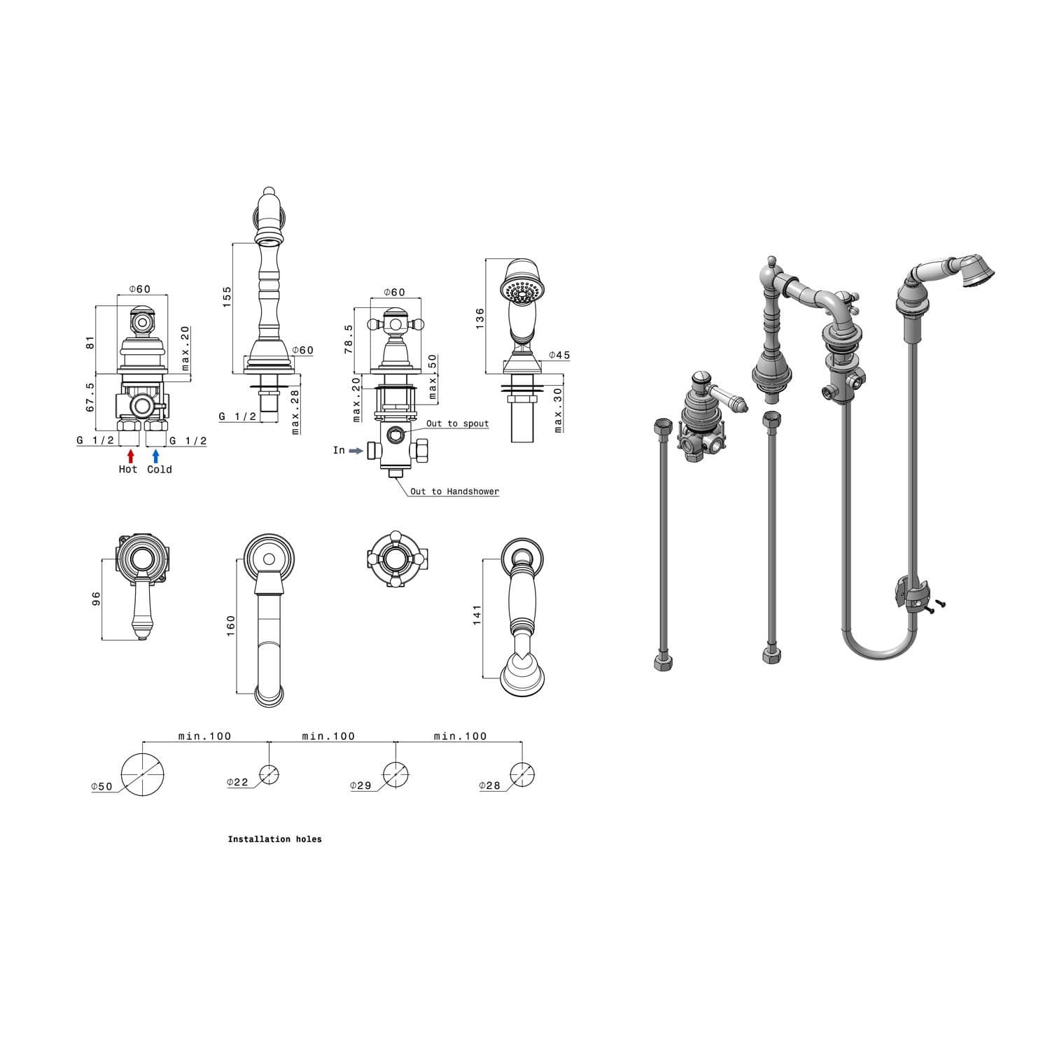 VIENNA czteroelementowa bateria na brzeg wanny retro, chrom