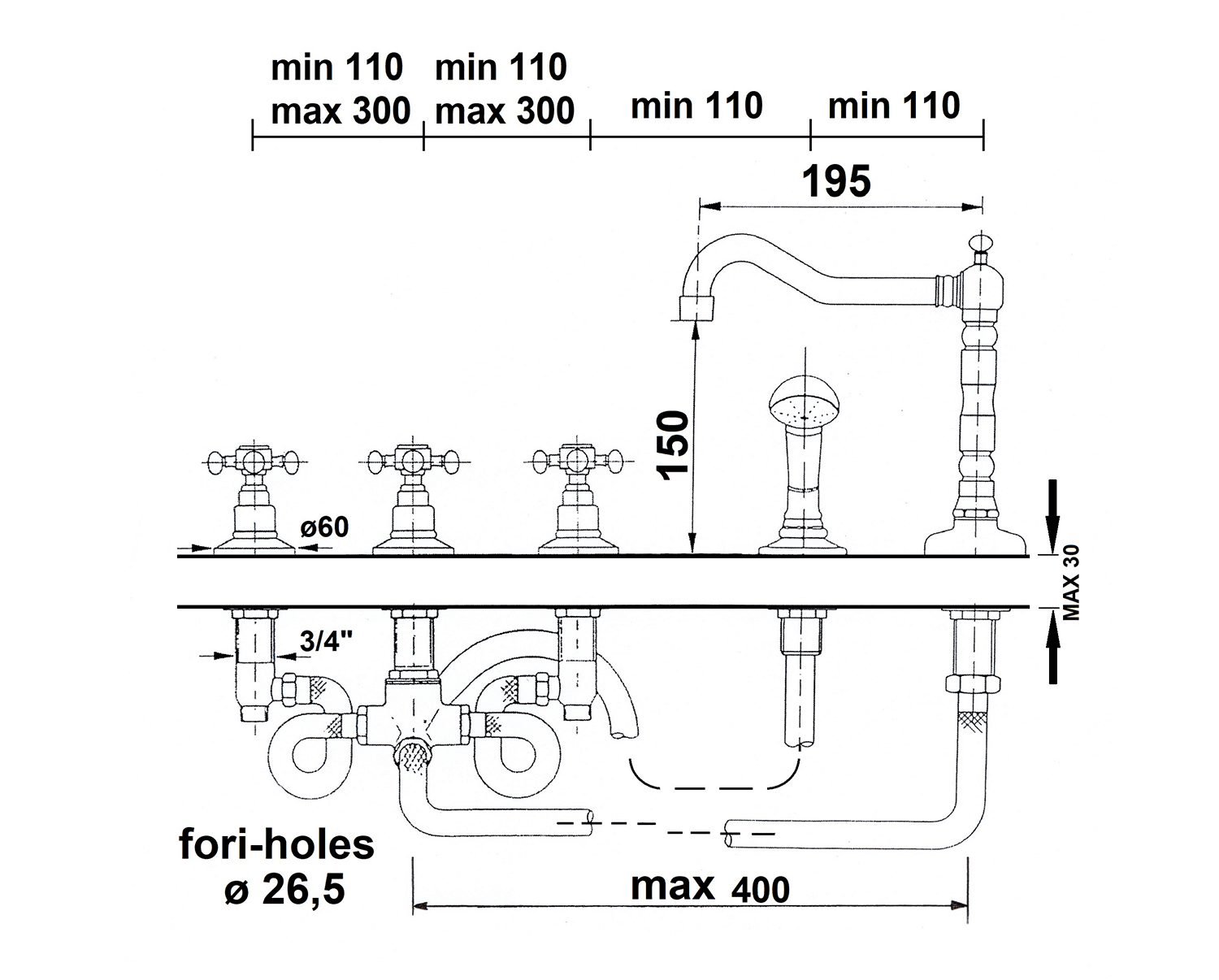 ANTEA bateria na brzeg wanny retro, pięcioelementowa różowe złoto