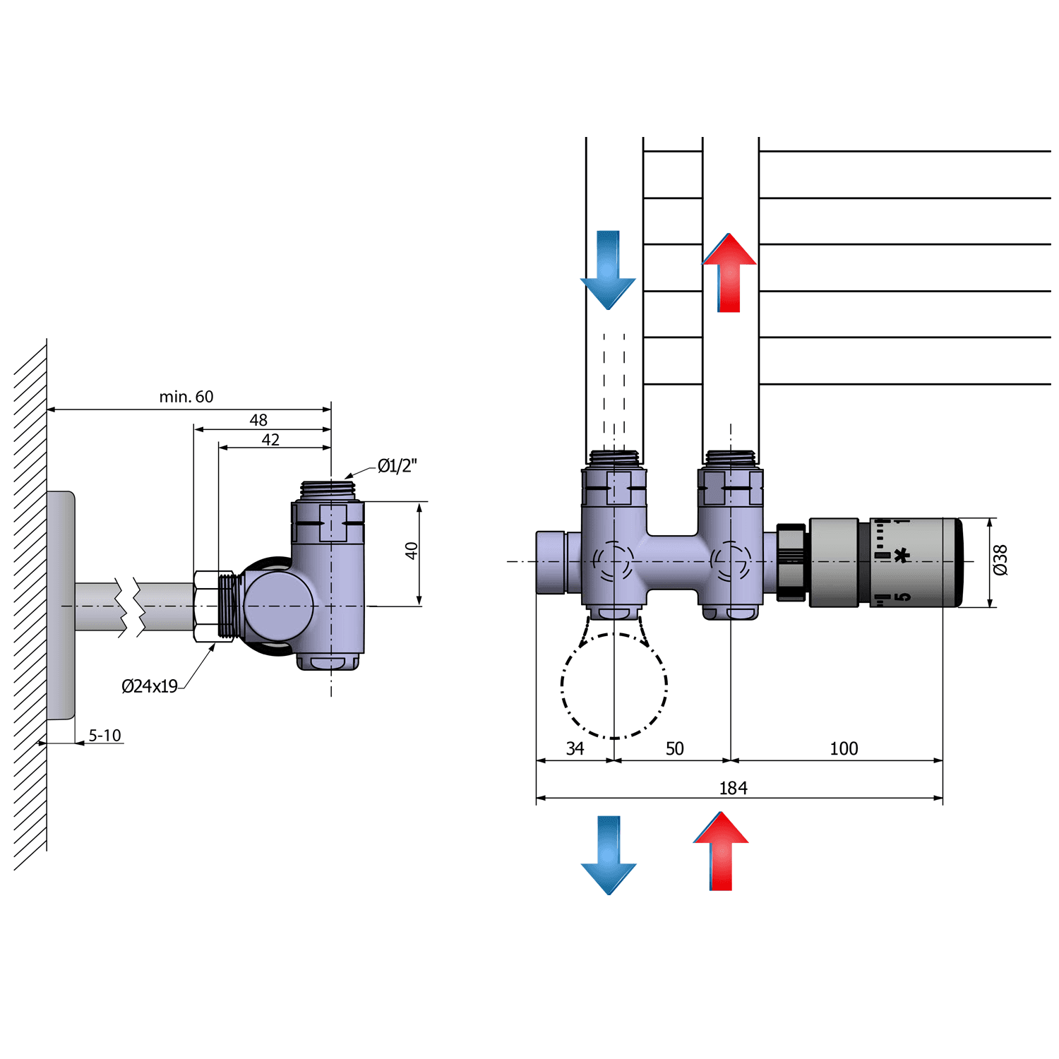 TWIN COMBI zestaw przyłączeniowy termostatyczny 50 mm prawy, chrom