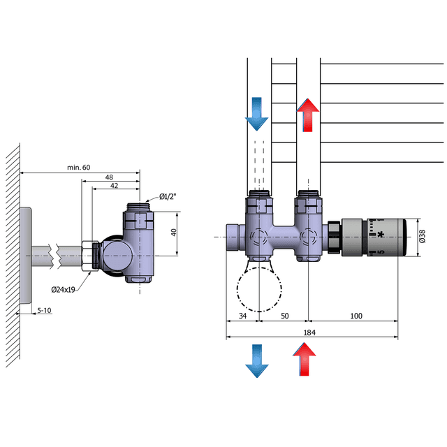 TWIN COMBI zestaw przyłączeniowy termostatyczny 50 mm prawy, chrom