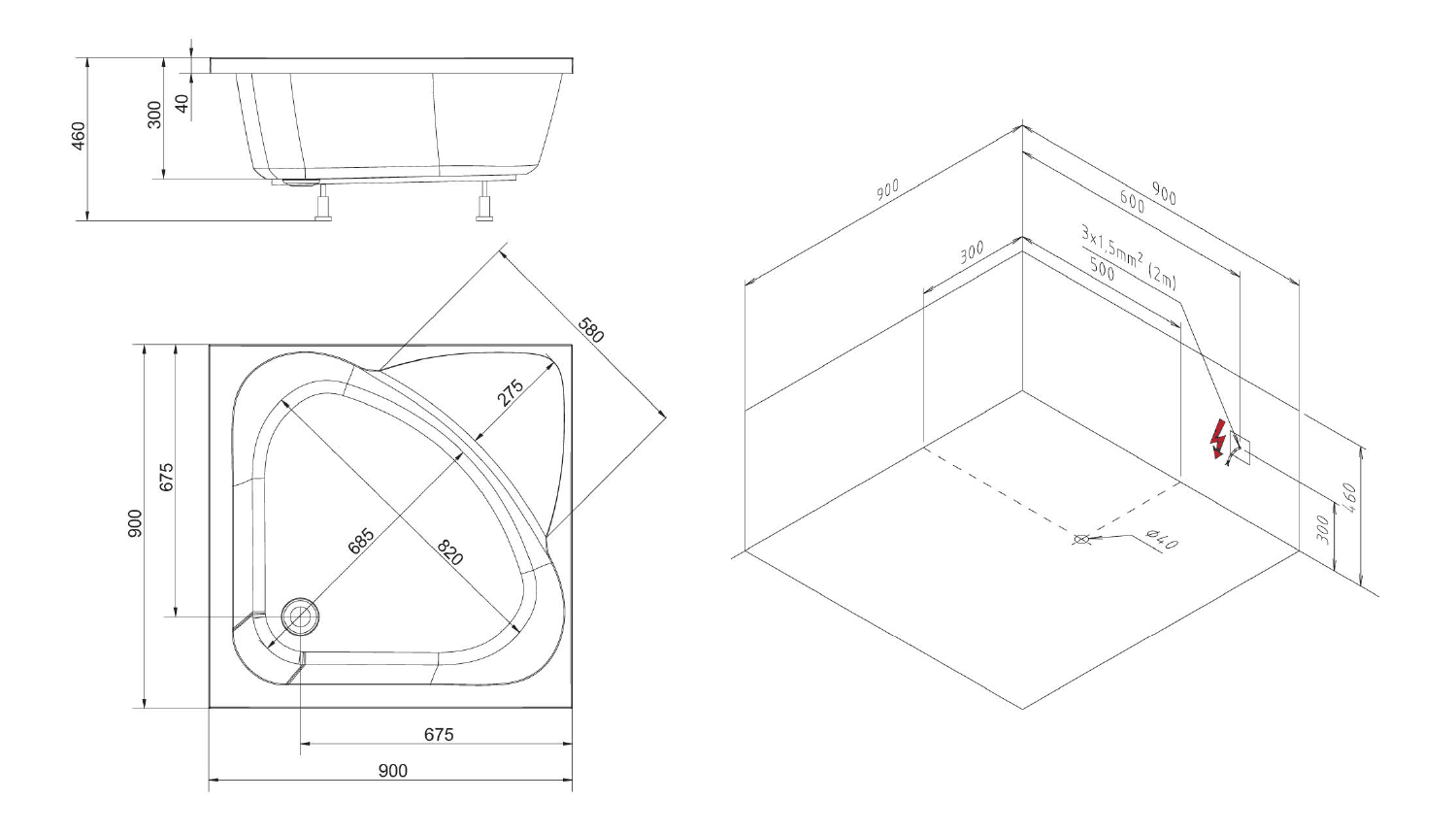 CARMEN brodzik prysznicowy 90x90cm głęboki z akrylu