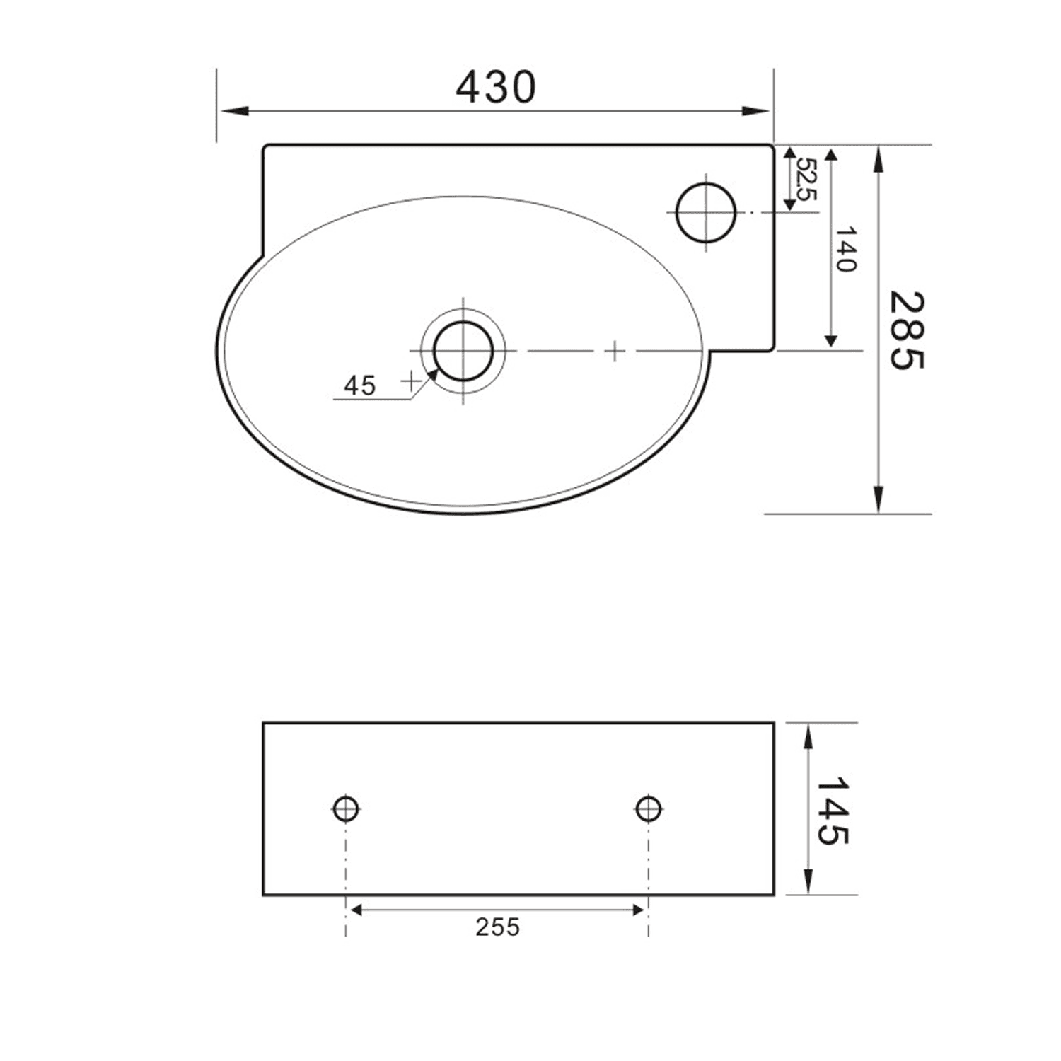 RIBERA umywalka ceramiczna 43x28,5 cm, ścienna z otworem na baterię