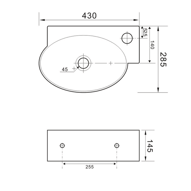 RIBERA umywalka ceramiczna 43x28,5 cm, ścienna z otworem na baterię