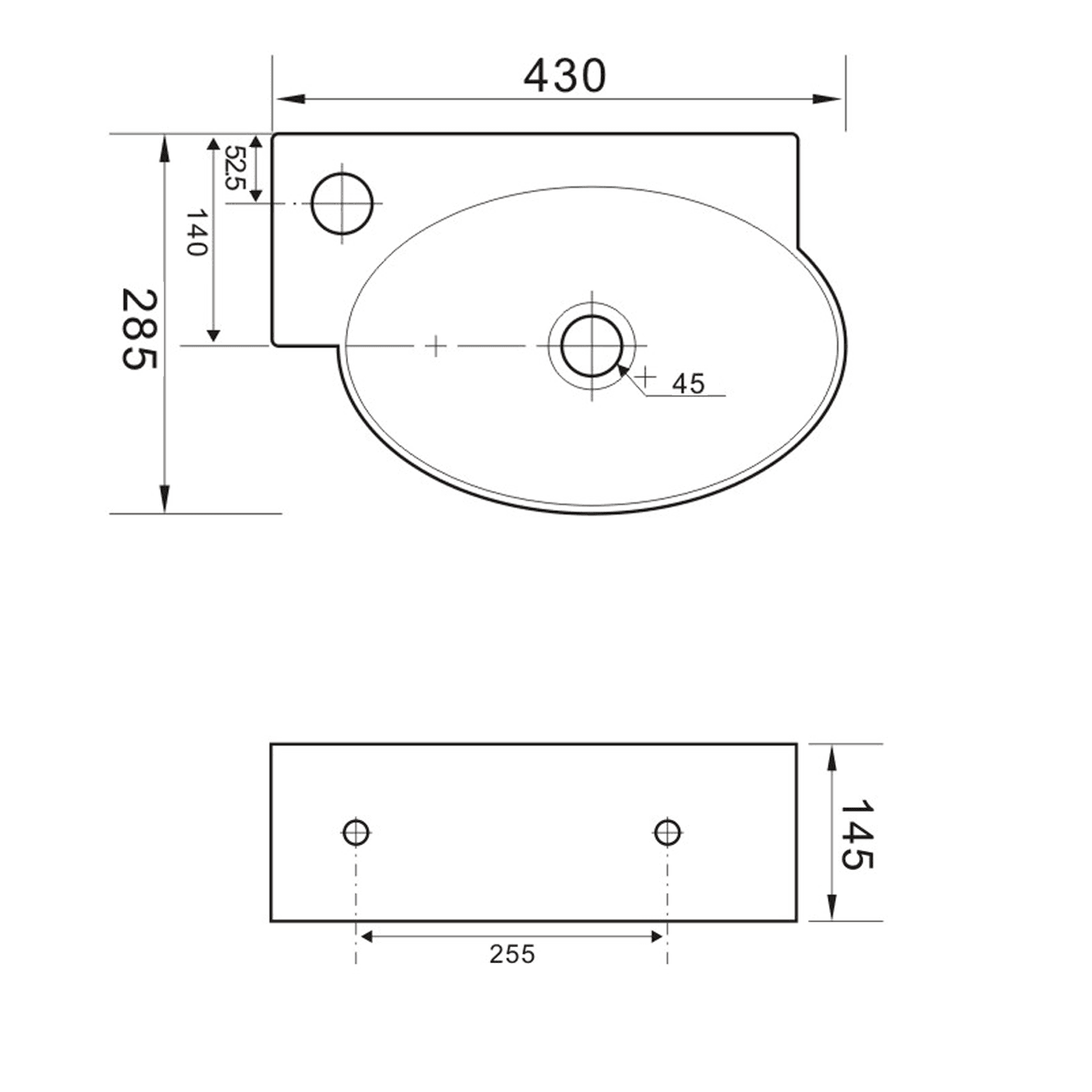 RIBERA umywalka ceramiczna 43x28,5 cm ścienna z otworem na baterię
