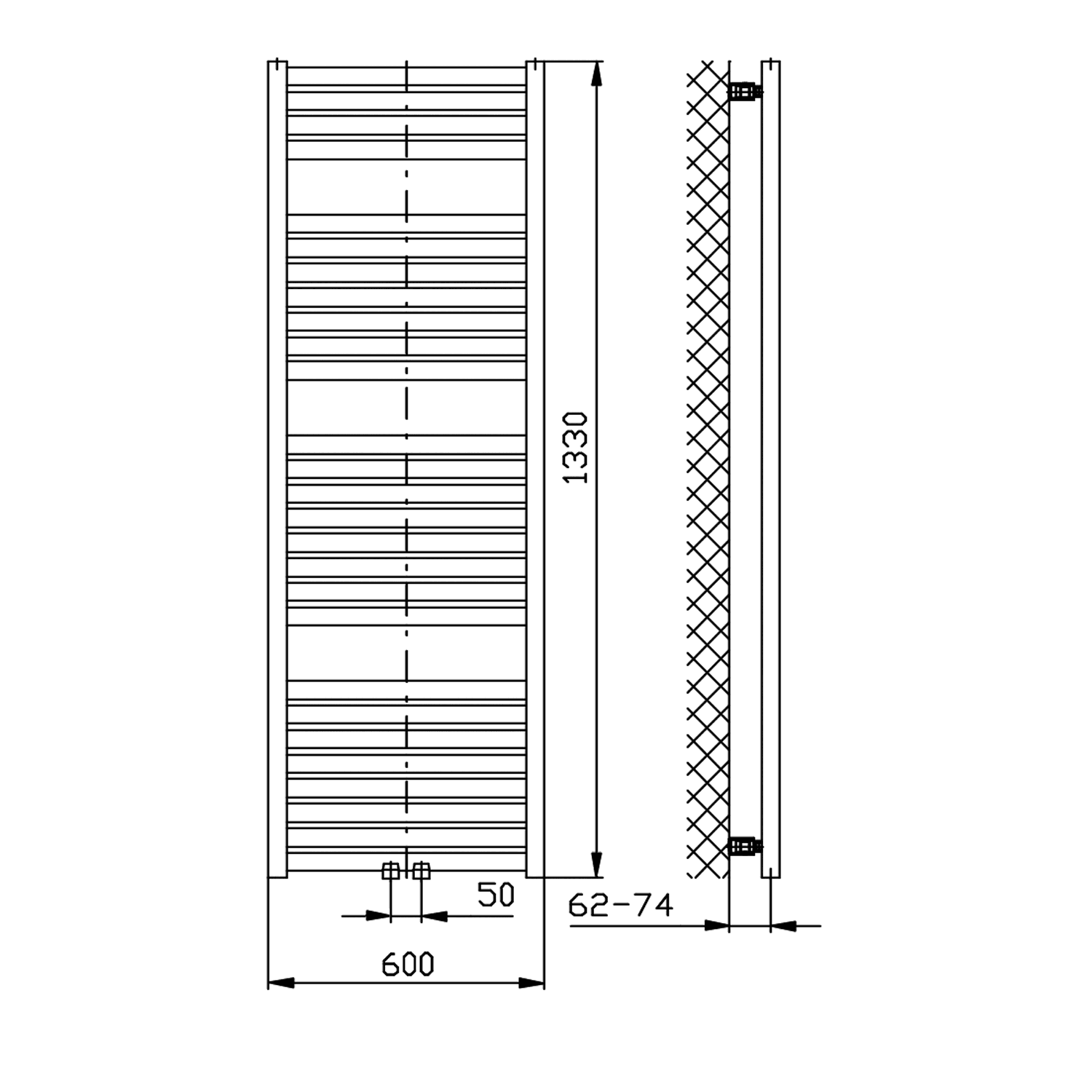 TONDI grzejnik łazienkowy 600x1330 mm, centralne podłączenie