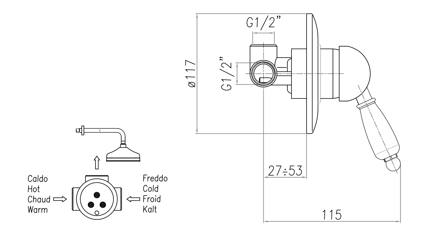 KIRKÉ WHITE prysznicowa bateria podtynkowa, biały uchwyt, chrom