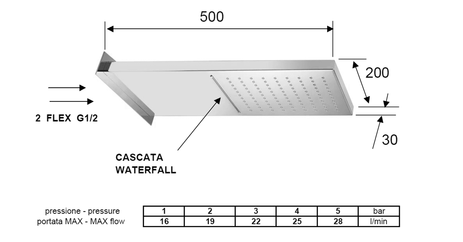 Głowica prysznicowa kaskadowa 500x200mm ze stali nierdzewnej