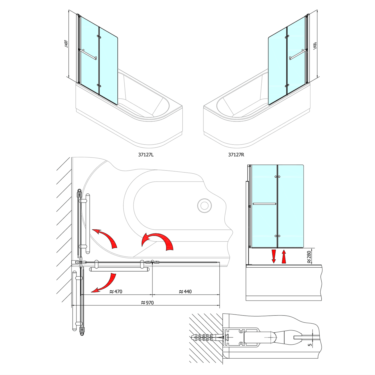 ODESSA pneumatyczny parawan wannowy 970mm z aluminium i szkłem