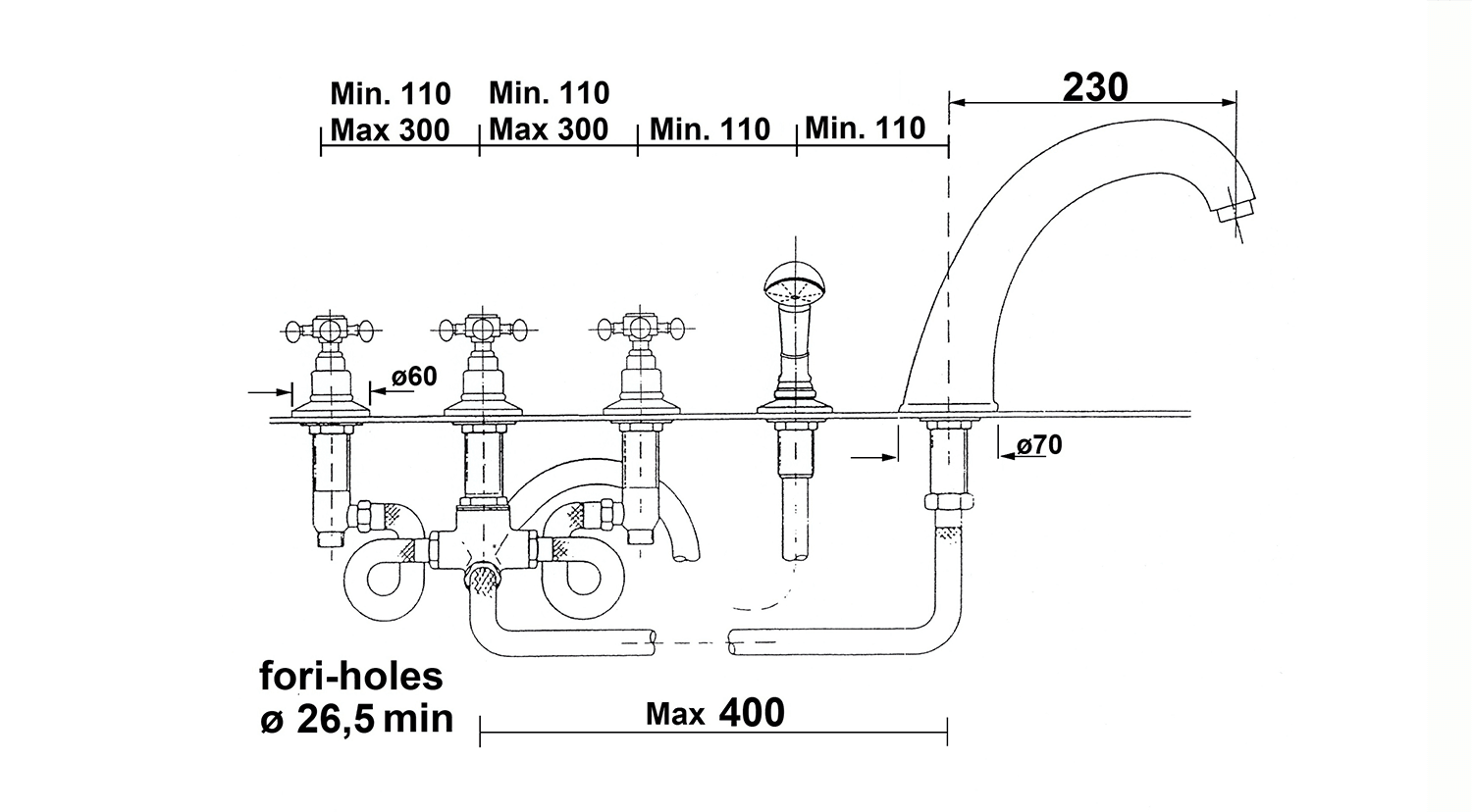 ANTEA bateria na brzeg wanny, pięcioelementowa nikiel szczotkowany