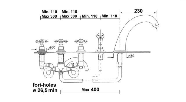 ANTEA bateria na brzeg wanny, pięcioelementowa nikiel szczotkowany