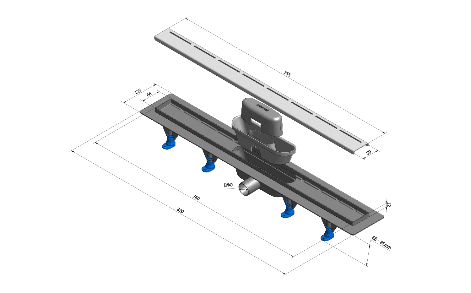 ROAD odpływ liniowy plastikowy z rusztem ze stali nierdzewnej, 820 mm