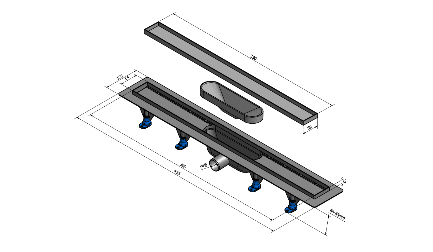 TILE odpływ liniowy plastikowy z rusztem ze stali nierdzewnej