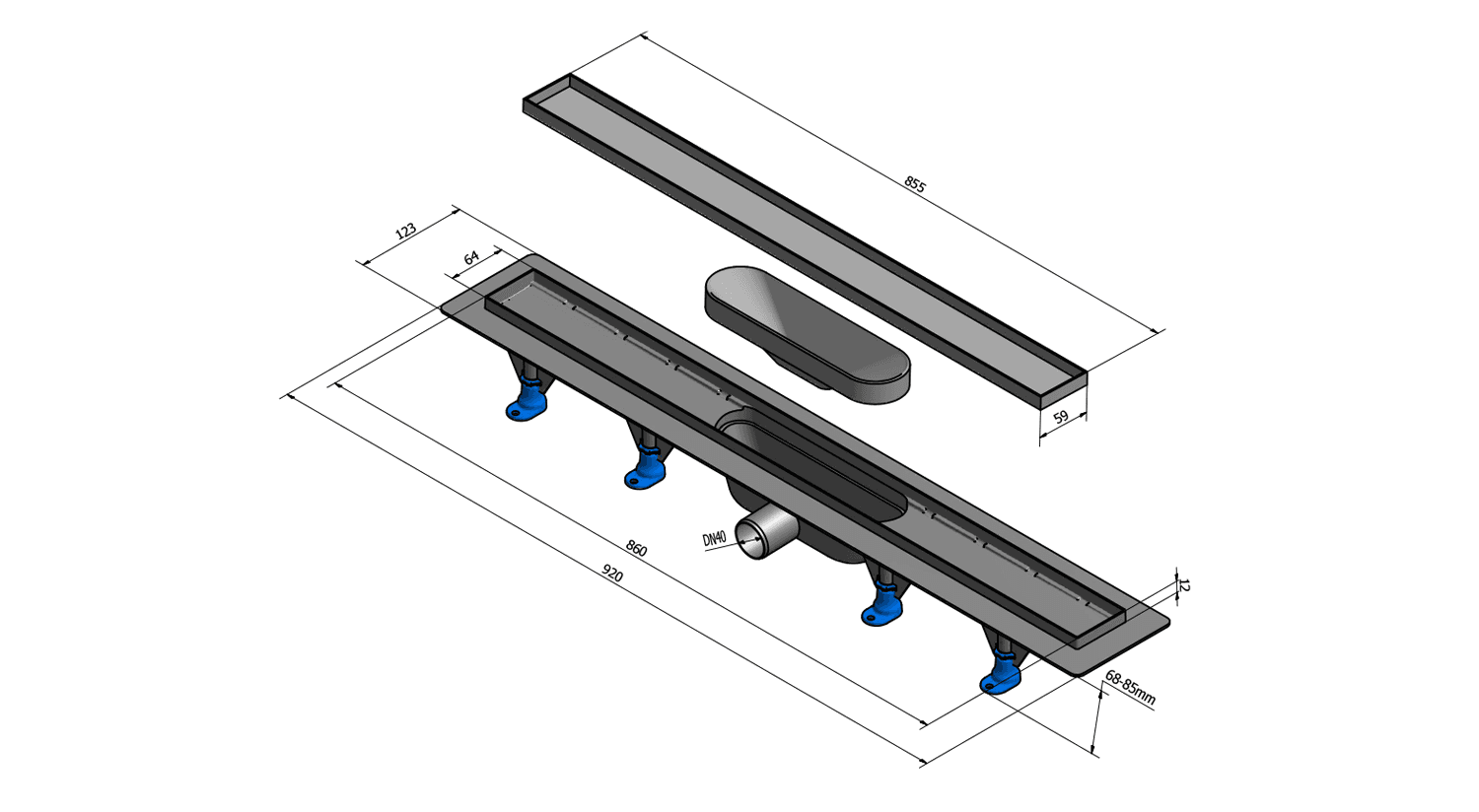 TILE odpływ liniowy z rusztem stalowym, 920x123x68 mm