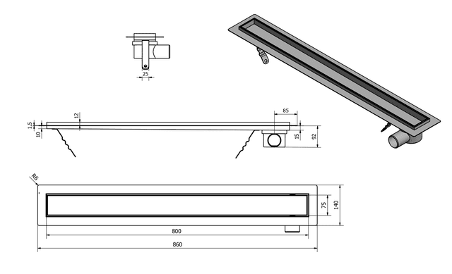 PAVINO odpływ liniowy pod płytki 860x140 mm - stal nierdzewna