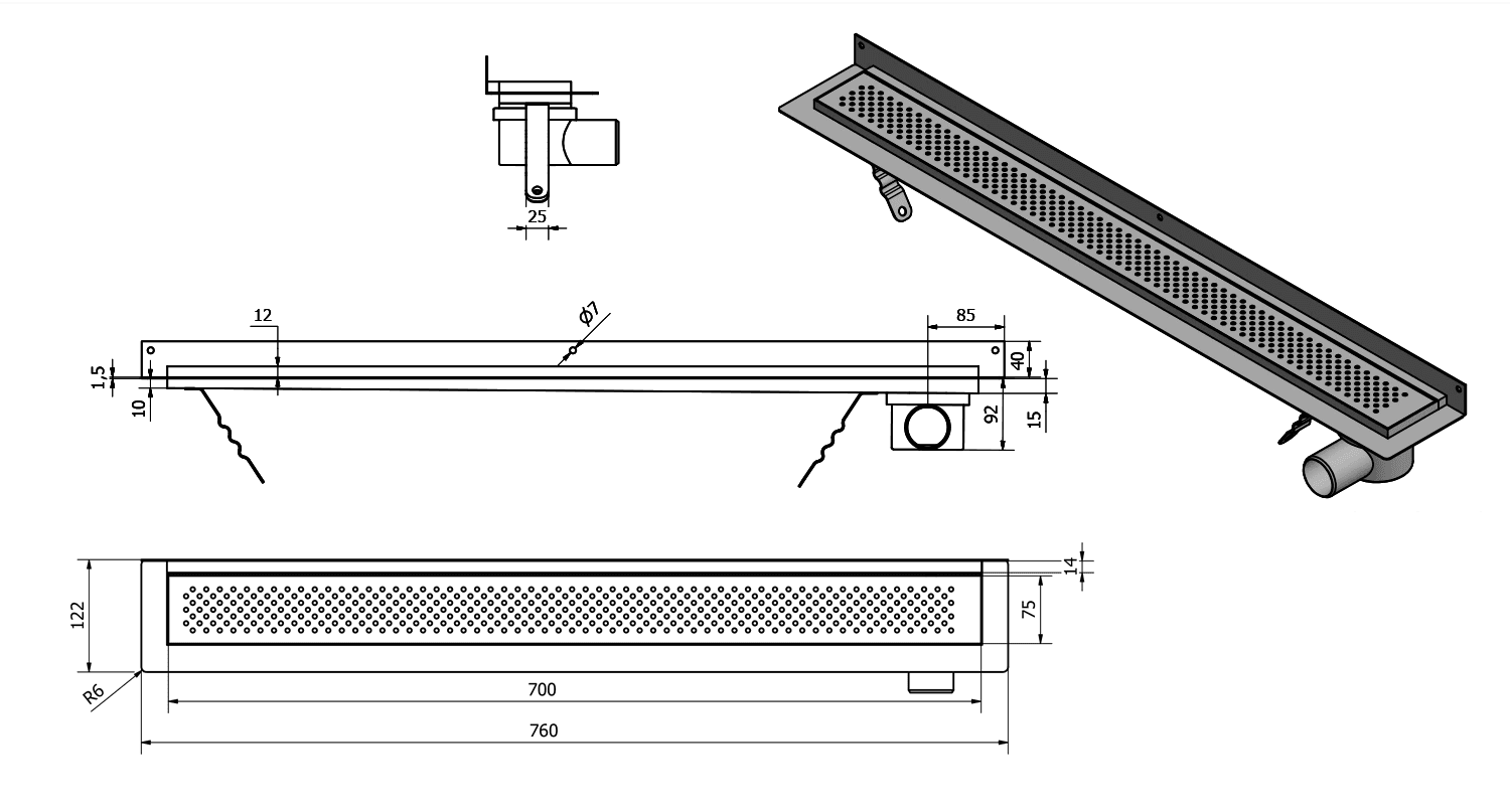 KROKUS odpływ liniowy przyścienny, stal nierdzewna 760x122 mm