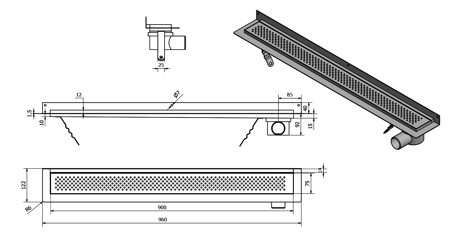 KROKUS odpływ liniowy przyścienny, nierdzewny 960x122 mm