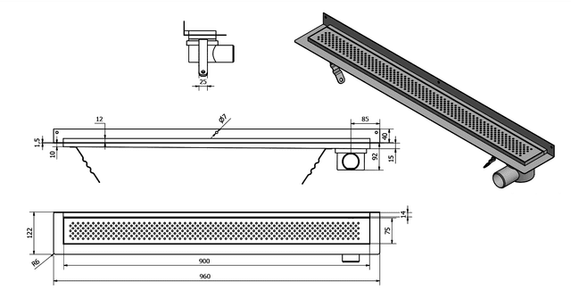 KROKUS odpływ liniowy przyścienny, nierdzewny 960x122 mm