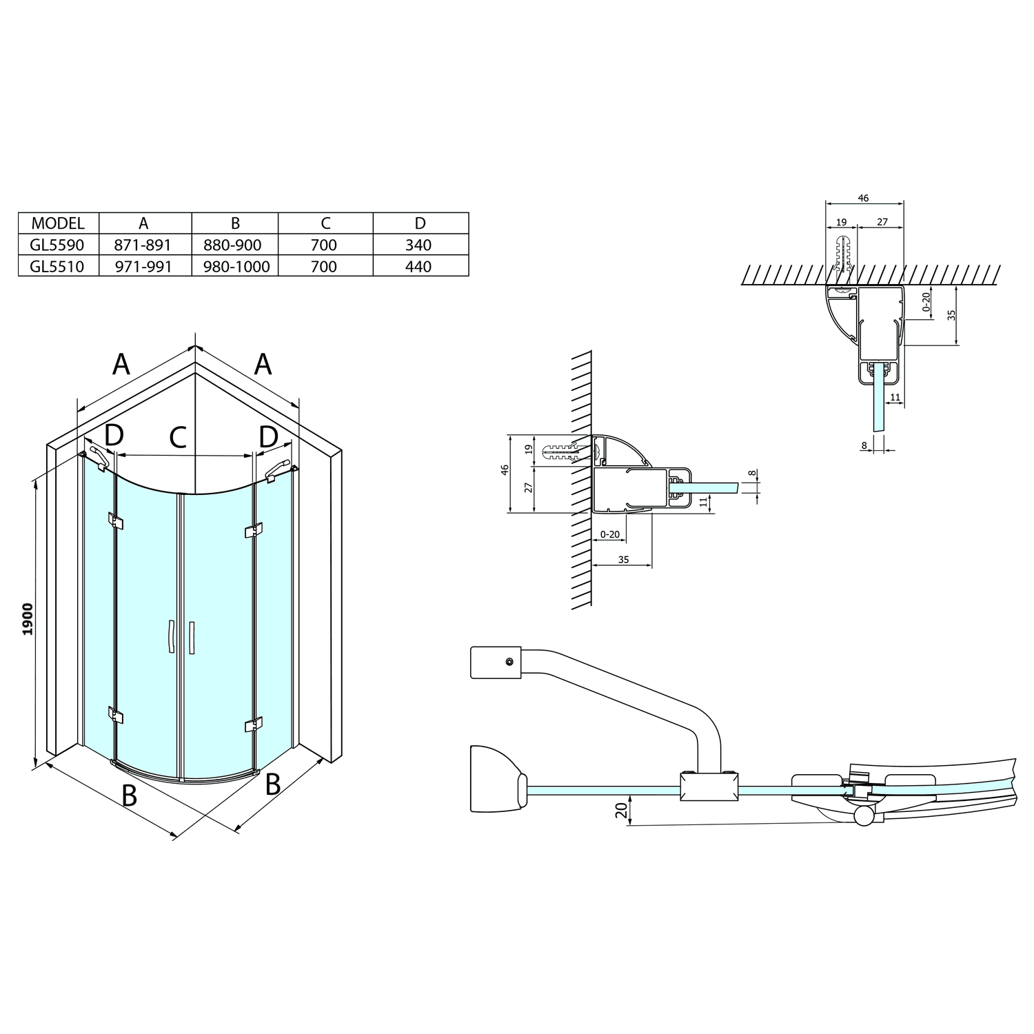 LEGRO półokrągła kabina prysznicowa 900x900mm, drzwi podwójne