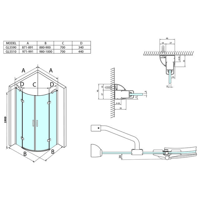 LEGRO półokrągła kabina prysznicowa 900x900mm, drzwi podwójne