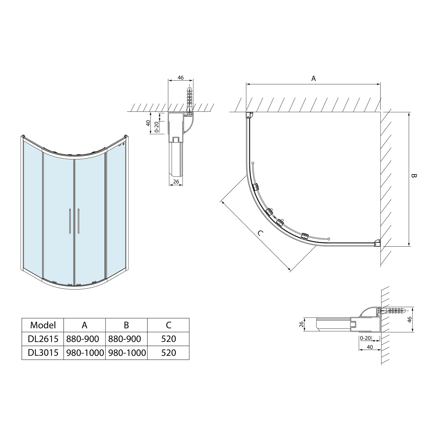 LUCIS LINE półokrągła kabina prysznicowa 900x900mm z Antidropem