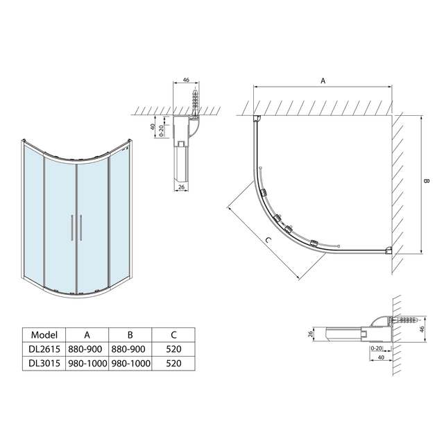 LUCIS LINE półokrągła kabina prysznicowa 900x900mm z Antidropem