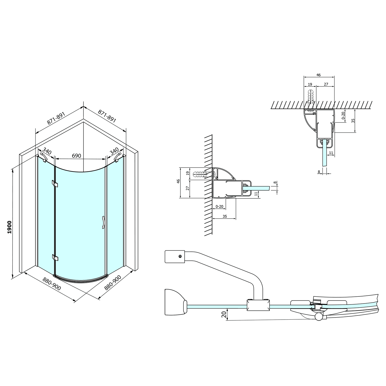 LEGRO półokrągła kabina prysznicowa 900x900mm, szkło czyste