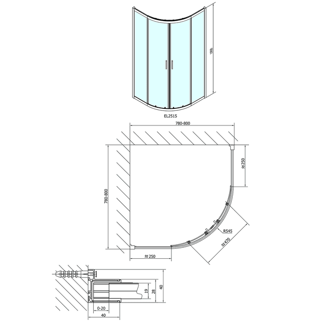 EASY LINE kabina prysznicowa półokrągła 800x800mm