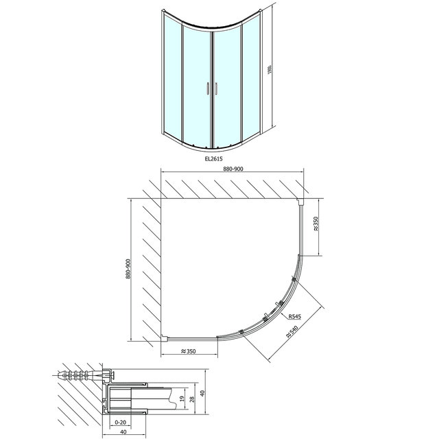 EASY LINE półokrągła kabina prysznicowa 900x900mm ze szkła