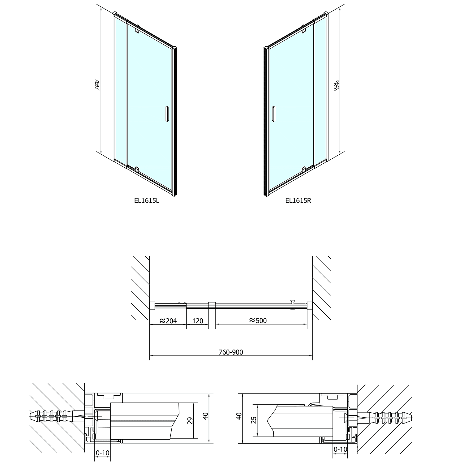EASY LINE obrotowe drzwi prysznicowe 760-900mm, szkło hartowane
