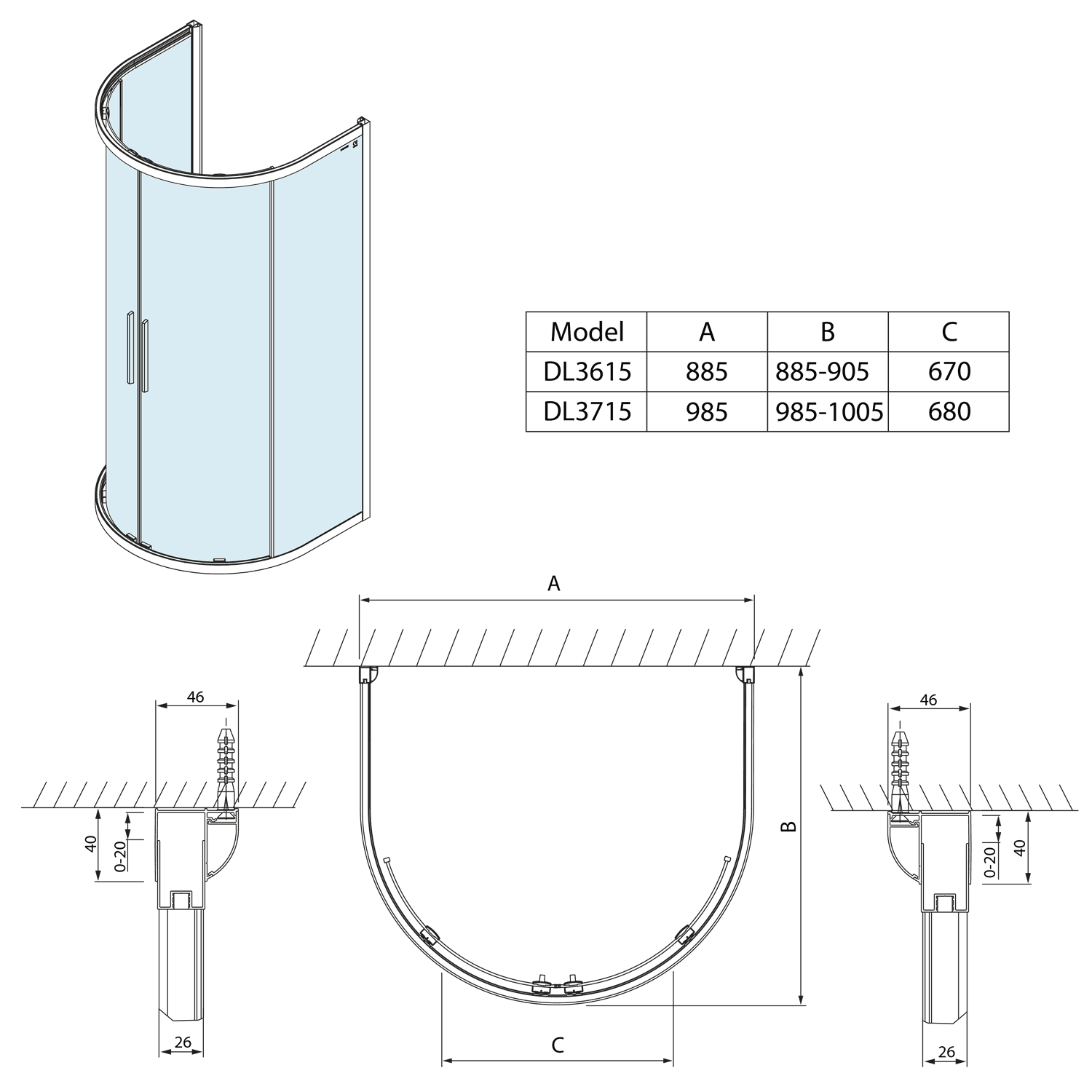 LUCIS LINE półokrągła kabina prysznicowa 100x100 cm