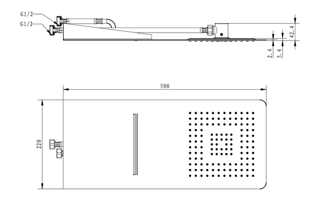 SLIM deszczownia ścienna z kaskadą 220x500mm, stal nierdzewna