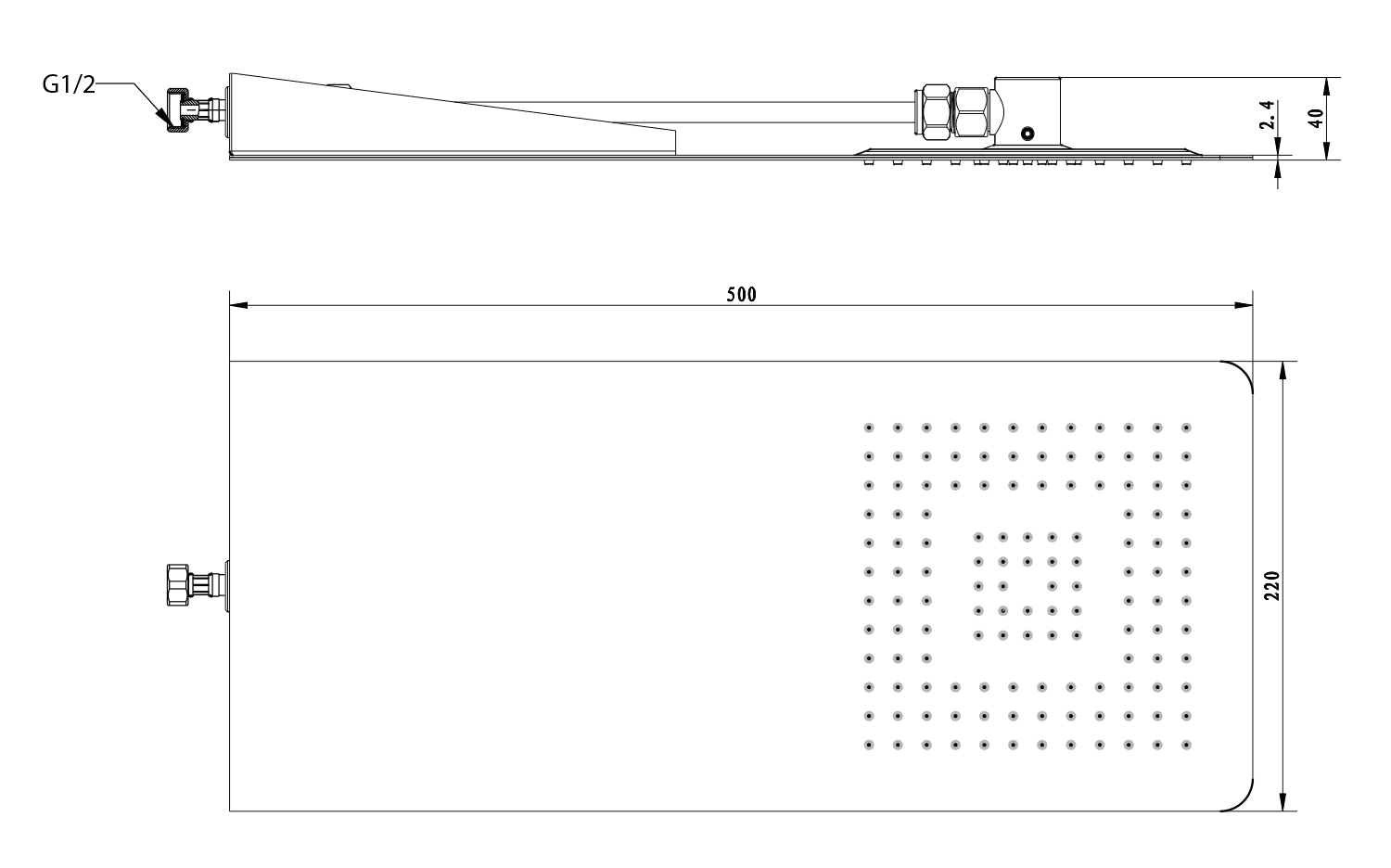 SLIM deszczownia ścienna 220x500 mm, kwadratowa, stal nierdzewna