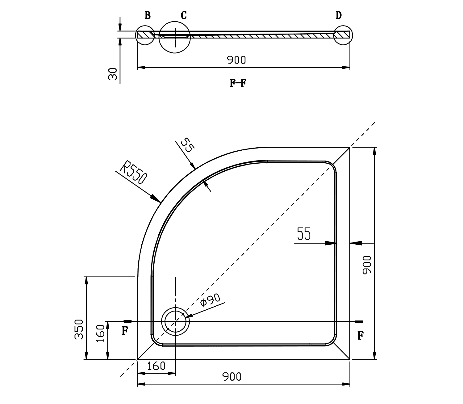 AKCE półokrągła kabina prysznicowa 900x900mm, szkło czyste