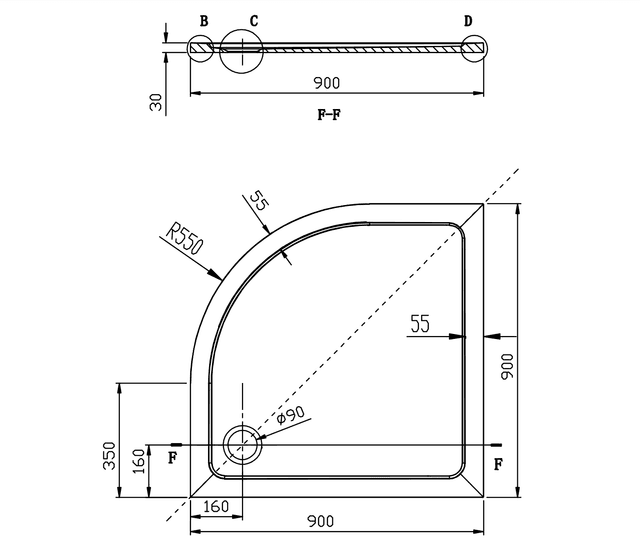 AKCE półokrągła kabina prysznicowa 900x900mm, szkło BRICK
