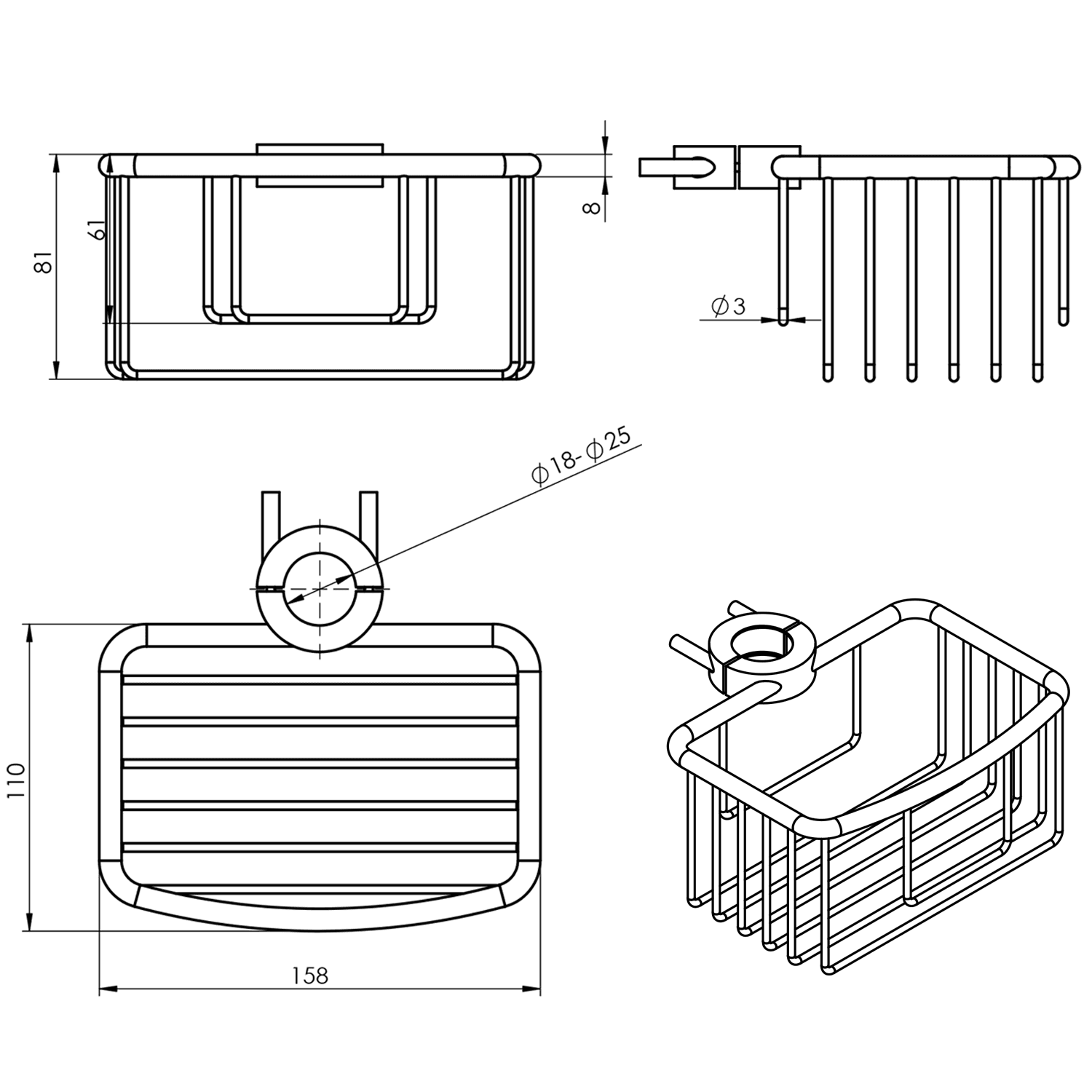 SMART półka prysznicowa na drążek 18-25mm, chrom