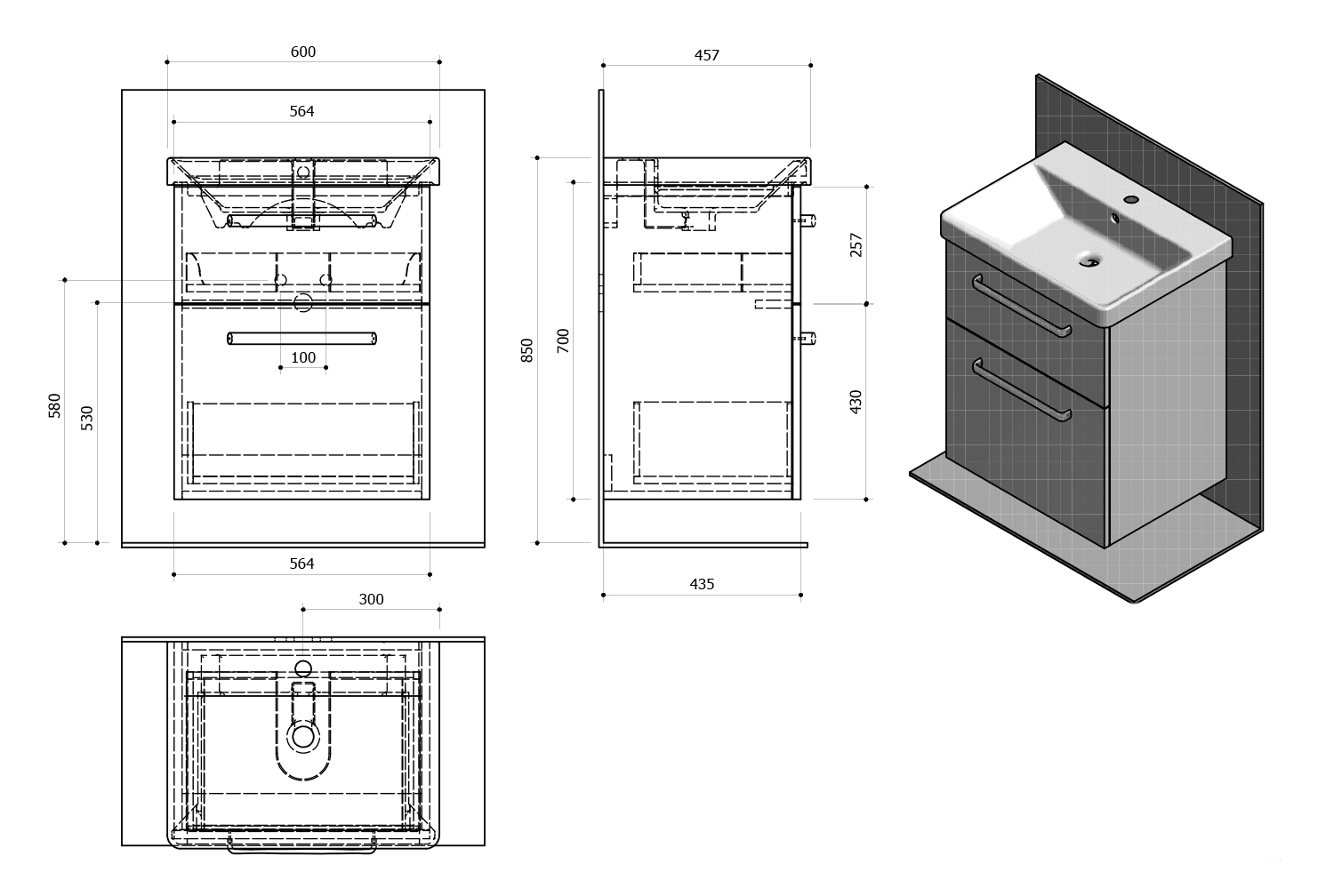 THEIA Szafka umywalkowa 56,4x70x43,5 cm, 2 szuflady, sosna rustikalna