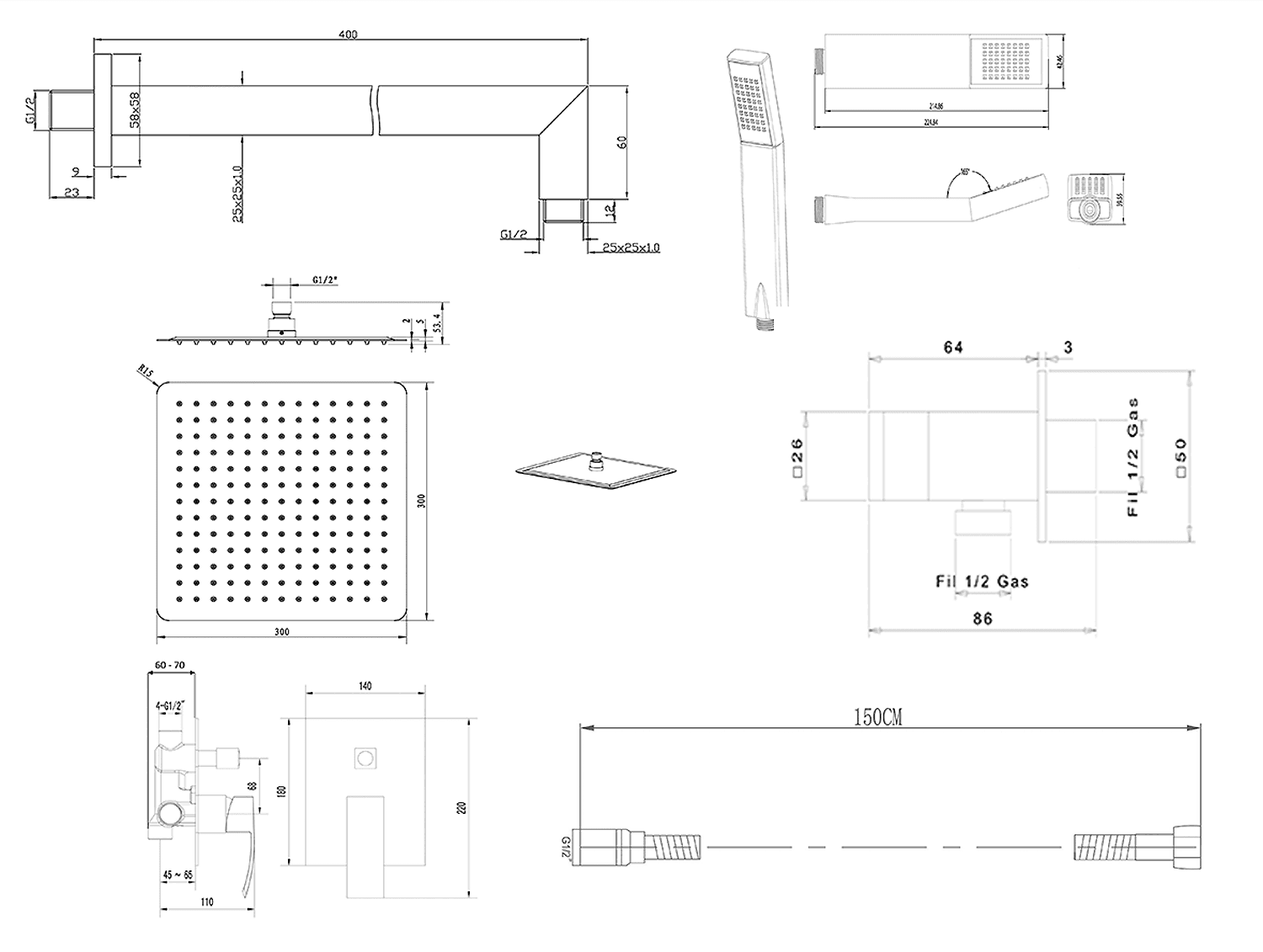 GINKO zestaw natryskowy z baterią podtynkową, chrom