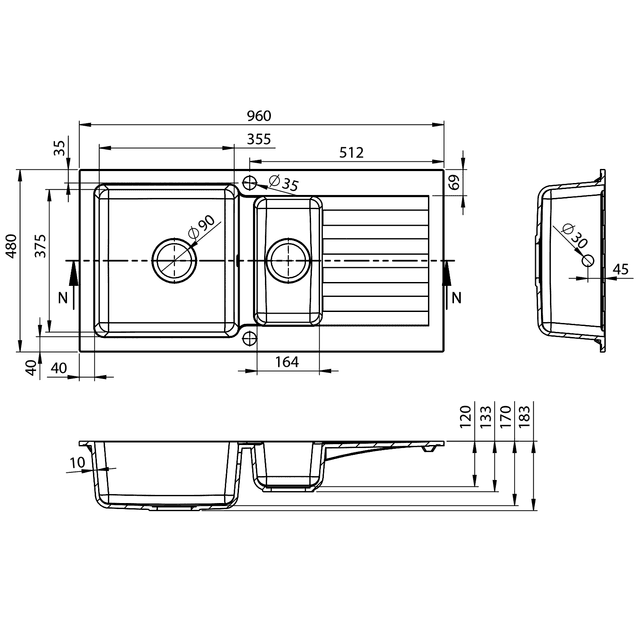 Granitowy zlewozmywak półtorakomorowy z ociekaczem 95,8x53,4cm
