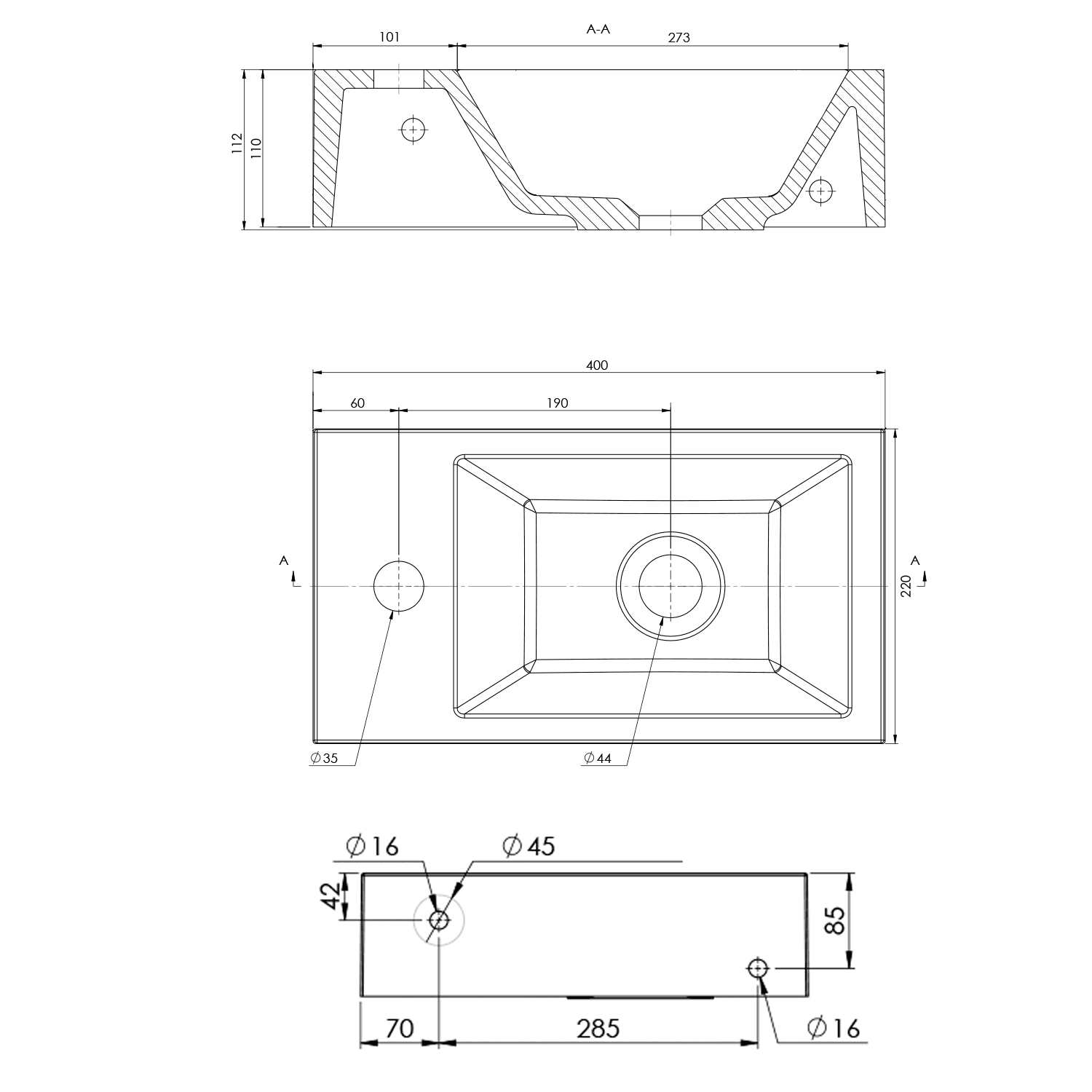 AMAROK umywalka kompozytowa 40x11x22 cm z baterią lewą