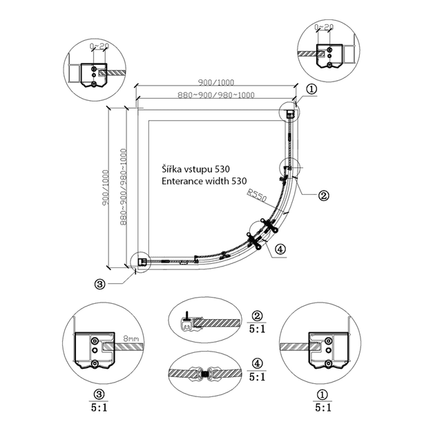 ANTIQUE półokrągła kabina prysznicowa 1000x1000mm z drzwiami przesuwnymi