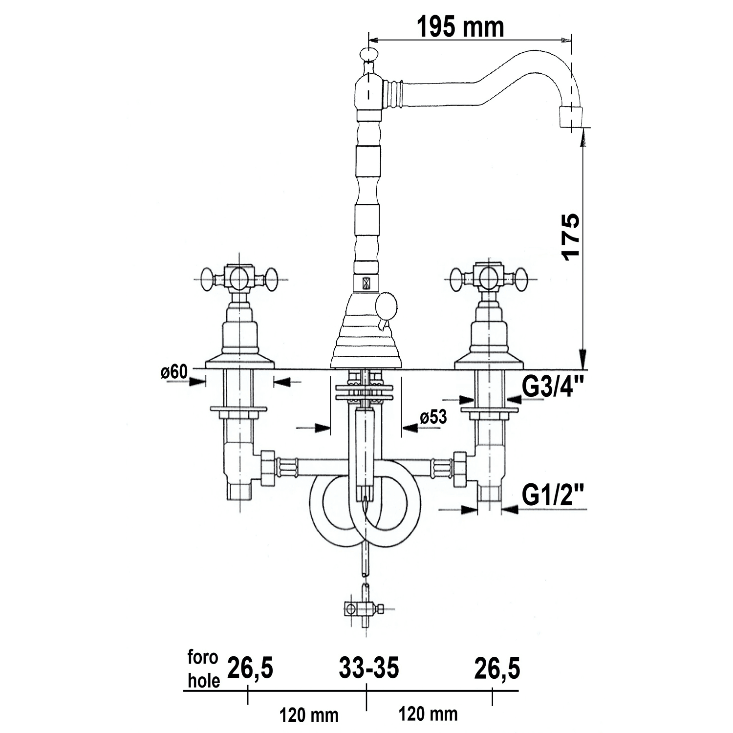 ANTEA bateria umywalkowa retro trzyelementowa, nikiel