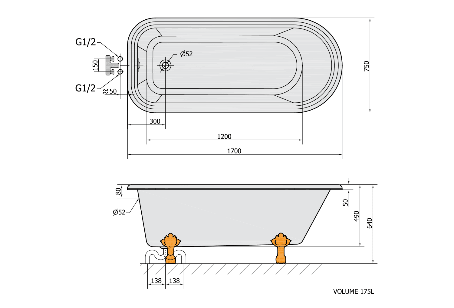 FOXTROT wanna wolnostojąca 170x75cm, chromowane nogi