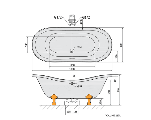 CHARLESTON wanna wolnostojąca 188x80 cm, retro