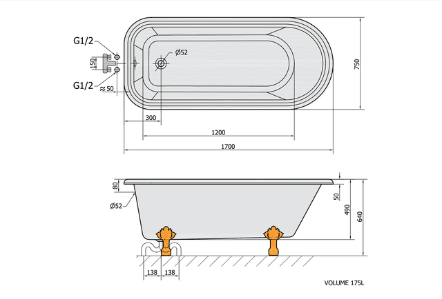 FOXTROT wanna wolnostojąca 170x75 cm, retro czarno-biała