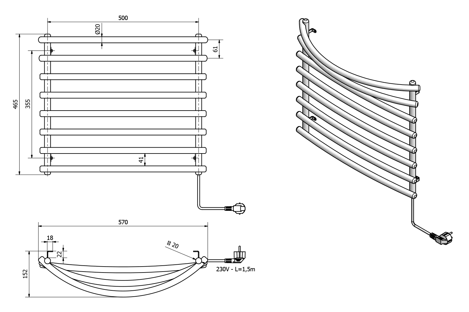 Elektryczna suszarka na ręczniki szary metalik 570x465 mm